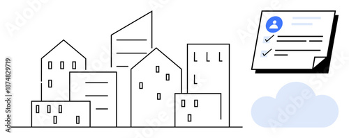 Buildings of various sizes alongside a digital profile document with checkmarks and a cloud. Ideal for real estate, urban planning, digital services, cloud storage, online profiles, contract