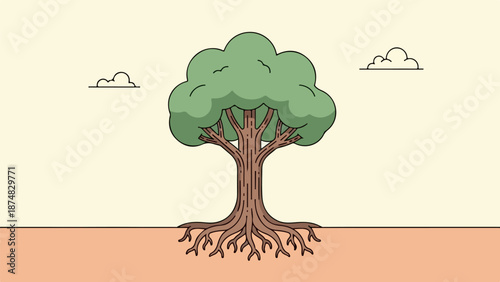 Botanical illustration of a solitary tree with extensive roots and vibrant green foliage