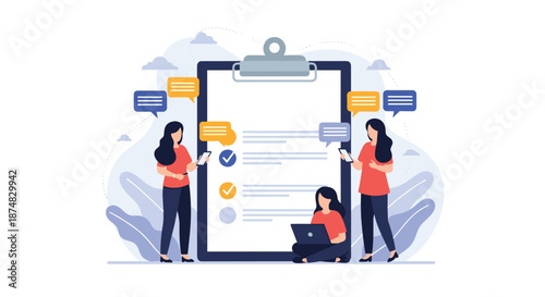 Group of female office workers using digital tablets and laptops to fill out information on a giant checklist or survey document.