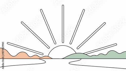 Serene landscape with radiant sun, rolling hills, and calm body of water