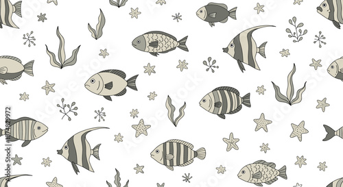 Seamless background pattern featuring hand-drawn stylized fish, starfish, and seaweed in neutral gray tones on a clean white background.