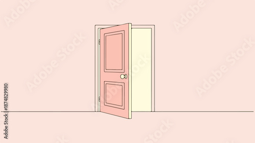 Softly lit muted pink doorway with round doorknob slightly ajar against light beige wall