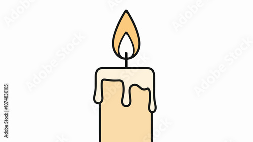 Single lit candle with light beige body and teardrop-shaped flame