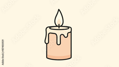 Minimalist illustration of a single lit candle with melted wax drips and a teardrop-shaped flame on a beige background