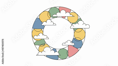 Abstract circular composition with vibrant mosaic of overlapping semi-circular segments in pastel and bright hues