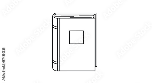 Simple black and white line drawing of a closed hardcover book with a square design on the front cover against a white background.