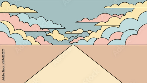 Soft blue sky with pastel clouds and light beige terrain