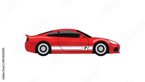 Red sports car with white racing stripes and number 7