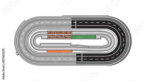 Top-down view of a racing circuit with pit stop area