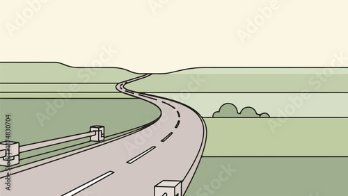 Minimalist illustration of a winding two-lane highway through a tranquil countryside with rolling hills and a distant horizon