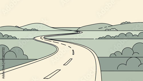 Minimalist countryside landscape with winding road through rolling hills
