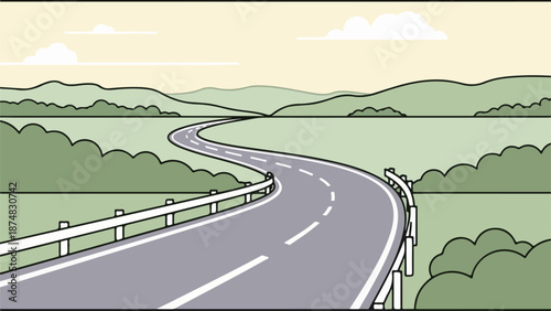 Two-lane highway curving through a lush, verdant landscape with guardrails and distant mountains