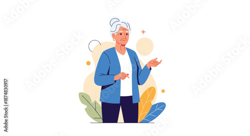 Senior woman with grey hair standing and gesturing with her hands as if she is talking or giving a presentation.