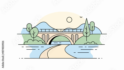 Graceful arched bridge spanning a calm river with lush greenery and distant mountains