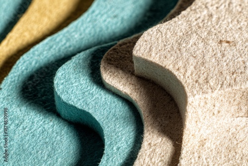 Macro view of sculpted fabric layers forming gentle waves in teal, cream, and sand hues, conveying warmth and tactility for backgrounds, packaging, or interior concepts.
