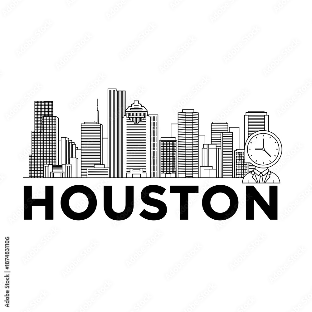 Fototapeta premium Houston Skyline With Clock Character Illustration