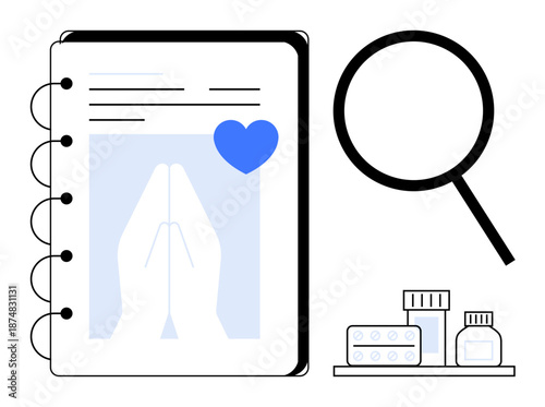 Open notebook with prayer hands and heart graphic, magnifying glass, and medical supplies. Ideal for healthcare, spirituality, research, medicine, charity, support awareness simple flat metaphor