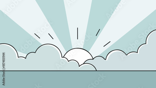 Minimalist sunrise or sunset over water with gradient sky and radiating sun