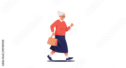 Senior woman with grey hair and glasses walking forward with a handbag and a determined facial expression.