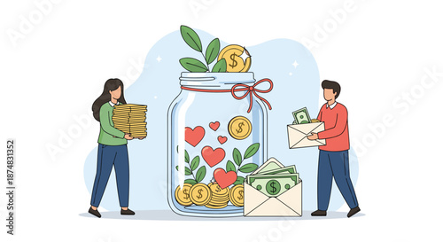 Two people adding money envelopes and stacks of gold coins to a giant jar filled with hearts and plants.