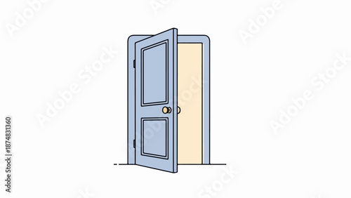 Light blue wooden door with round doorknob slightly ajar revealing beige interior