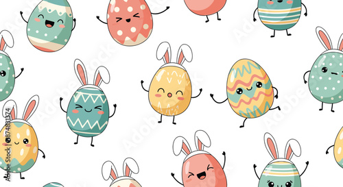 Seamless pattern of various cute decorated Easter eggs with bunny ears and different happy facial expressions.