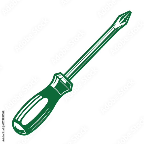 Green screwdriver with handle and metal shaft  isolated on white background