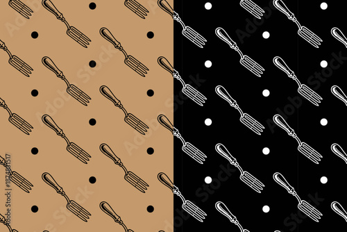 Cultivator fork garden tool with dot retro illustration seamless pattern on tan black background set for farm and landscape. Garden fork with dotted vintage hand drawn pattern motif wallpaper