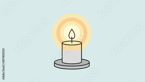 Single lit candle with soft yellow flame on a dark circular base against a neutral background