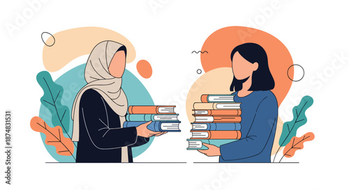 Two women including one in a hijab exchanging stacks of books against a background of abstract shapes.