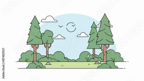 Three tall pine trees in a serene forest with a blue sky and white clouds