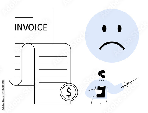 Financial issues concept. Financial struggles highlighted by overdue invoice, sad face emotion, and businessman explaining payment concerns. Financial difficulties, management, and debt illustration
