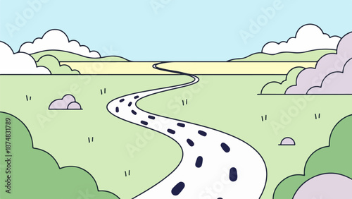 Winding dirt path through a lush green meadow with rolling hills in the distance under a pastel sky