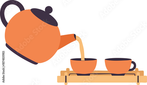 Tea pouring from teapot into cups