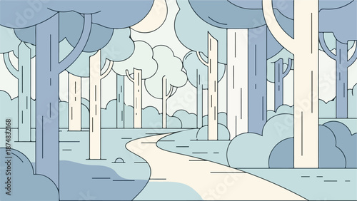Stylized forest scene with winding path and tall trees in muted blues and grays