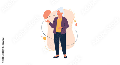 Friendly elderly woman with white hair gesturing with her hand while explaining something in a warm and inviting social interaction scene.