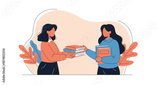 Two women standing and exchanging a stack of books to encourage reading, knowledge sharing, and education within a friendly community.