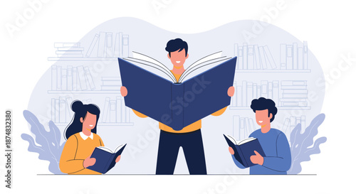 Group of people enjoying reading and learning with giant books in a library setting to foster a love for literature and lifelong education.