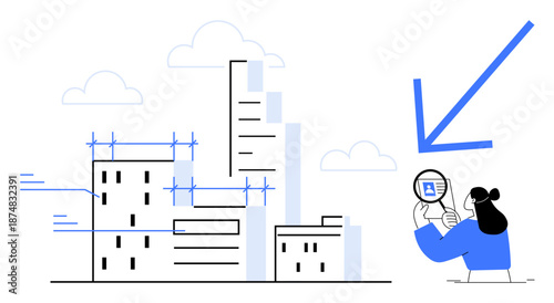 Urban development visual. skyscrapers, blueprint schematics, and a person analyzing construction plans. Urban development connects architecture, growth planning, and infrastructure design. Ideal