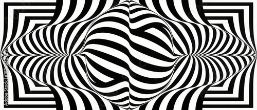 Geometric Sphere Distortion: Symmetrical Black and White Op-Art Landscape