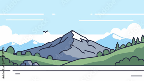 Detailed landscape illustration of a striking central mountain with rugged blue and gray textures, lush green hills, and a solitary bird in flight