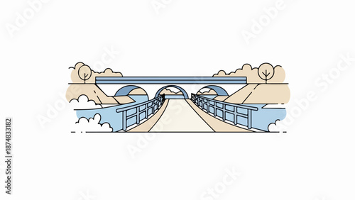 Minimalist light blue bridge with central arch spanning calm water, symmetrical pillars, stylized greenery, and beige background