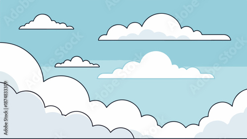 Expansive sky with fluffy cartoon-style clouds in varying sizes