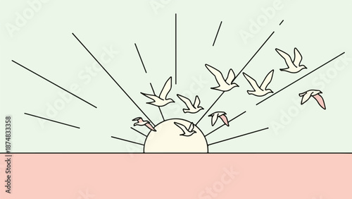 Minimalist line-art illustration of a sunrise or sunset over a hill with a flock of birds
