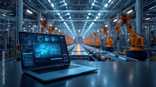 Modern factory interior with robotic arms and laptop displaying data analytics dashboard