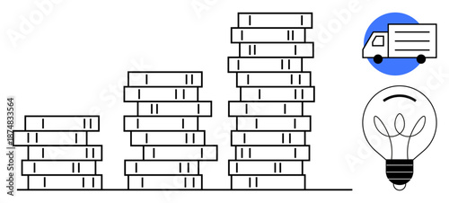 Finance, logistics, innovation, business growth, economy, savings. Stacks of coins, a truck and a light bulb. Finance and logistics growth visualization concept