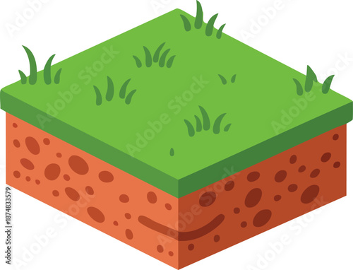 Isometric green grass and soil block