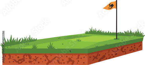 Golf course section with flag on white background