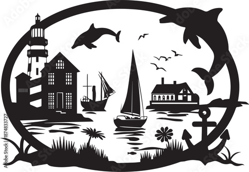 Coastal Silhouette: An artistic black silhouette depicts a serene coastal scene, featuring a lighthouse, dolphins, sailboats, and anchor, all framed by an elegant oval.