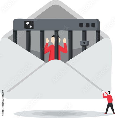 Email security concept Person in jail inside an email watched by someone
